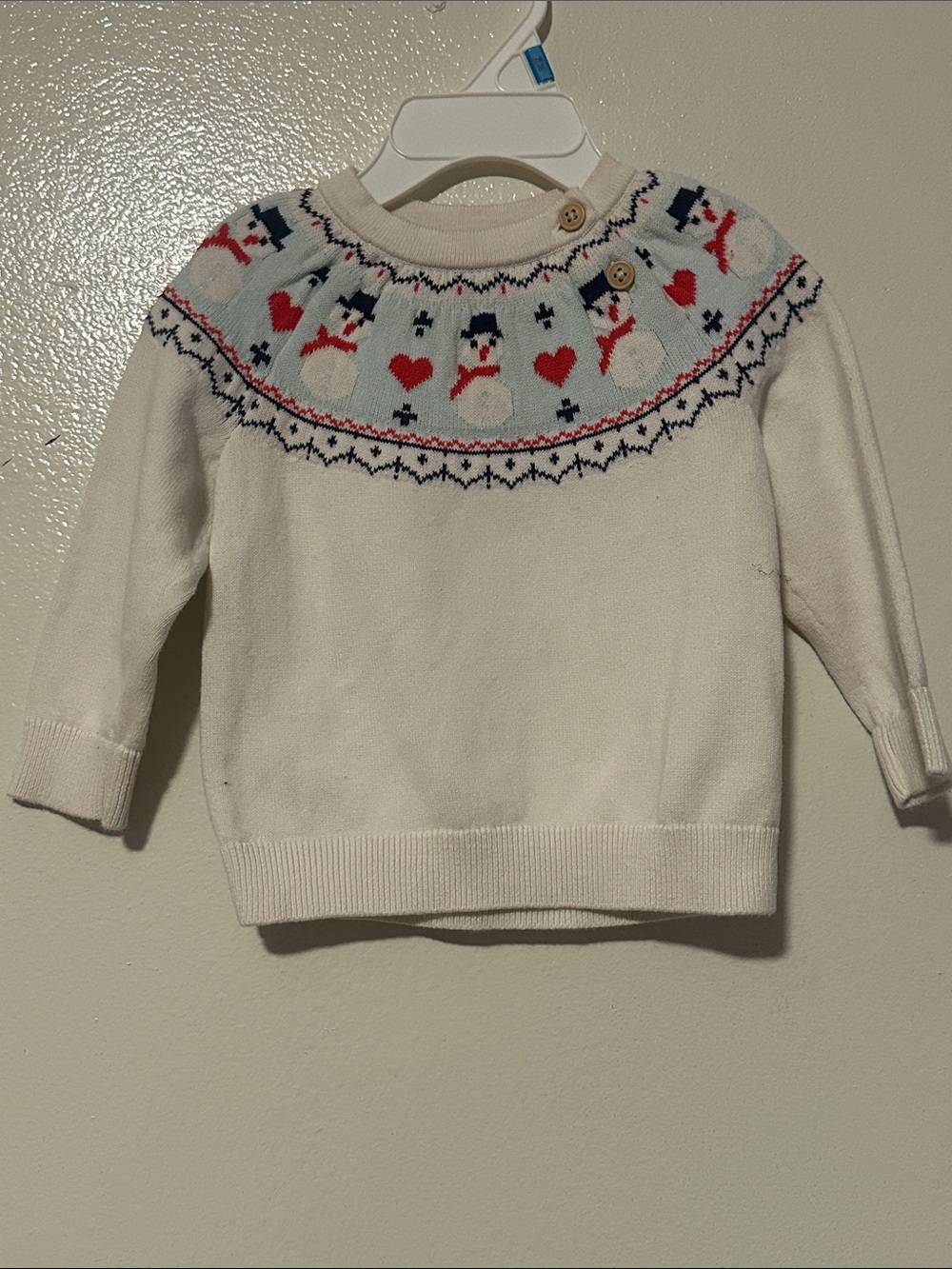 Cat & Jack White Knit Snowman Yoke Sweater with Red and Navy Accents